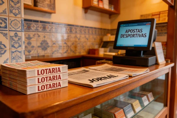 Quiosque de tabacaria português com terminal de apostas Placard visível no balcão