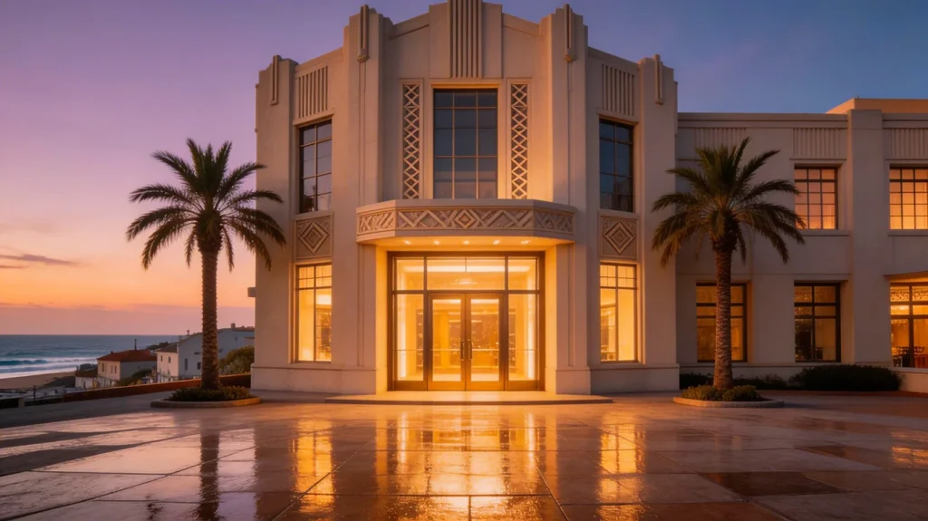 Fachada do Casino de Espinho ao anoitecer com iluminação refletida no pavimento molhado