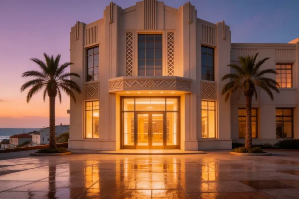 Fachada do Casino de Espinho ao anoitecer com iluminação refletida no pavimento molhado