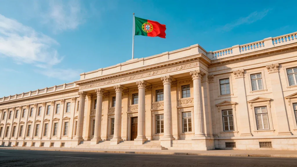 Fachada de edifício institucional português com bandeira nacional