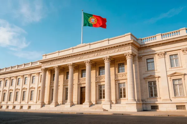 Fachada de edifício institucional português com bandeira nacional